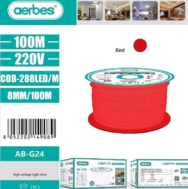 Aerbes AB-G24  LED 220v 100M Cuttable, Single Panel Strip Neon Light 3000K Red