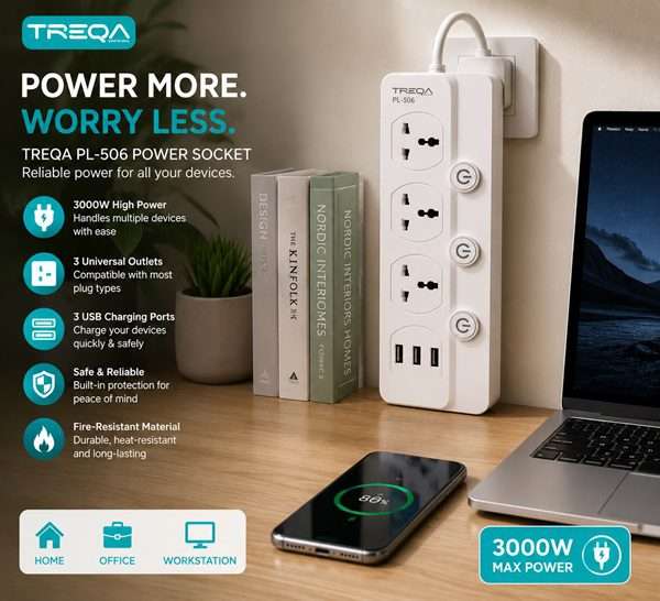 TREQA PL-506 3000W Multi-Plug Power Socket with 3 AC Outlets and USB Charging Ports