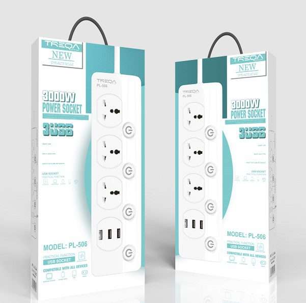 TREQA PL-506 3000W Multi-Plug Power Socket with 3 AC Outlets and USB Charging Ports