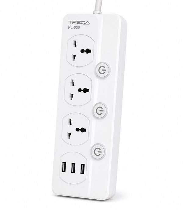 TREQA PL-506 3000W Multi-Plug Power Socket with 3 AC Outlets and USB Charging Ports
