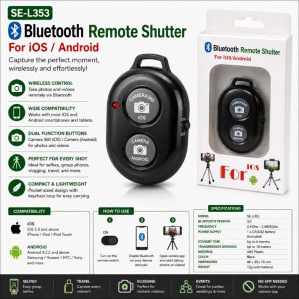 SE-L353 Bluetooth Camera Remote Shutter for iOS & Android | Wireless Selfie Remote Control