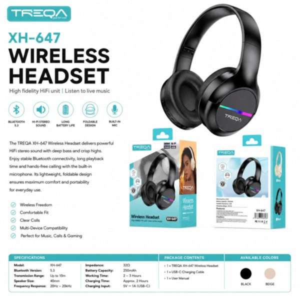 TREQA XH-647 Wireless Bluetooth Headset  HiFi Stereo Over-Ear Headphones with Built-in Microphone