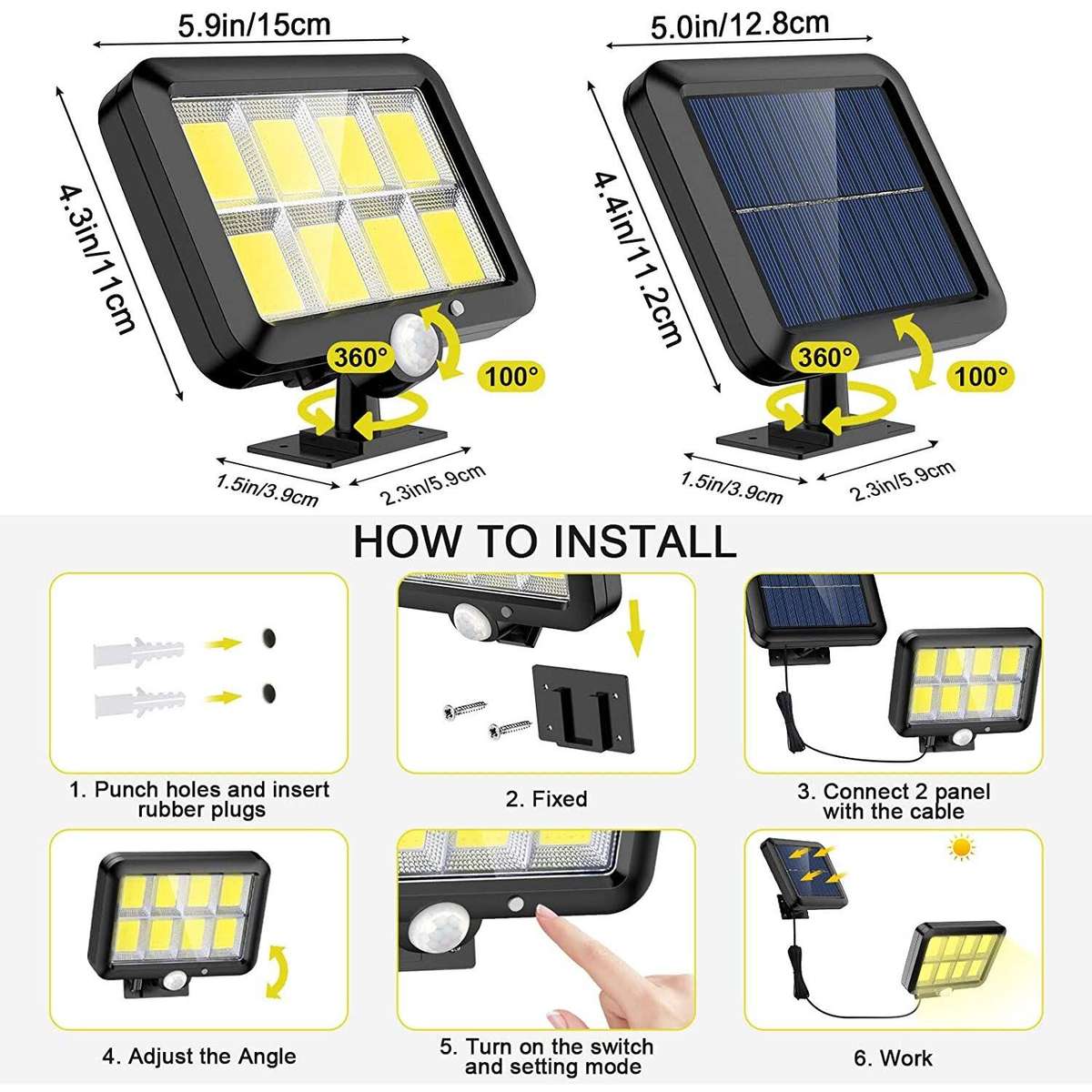 160 LED Bright COB White Solar LED Light With Split Solar Panel & Motion Sensor with Cable
