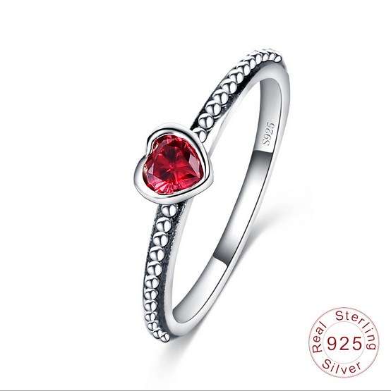925 Sterling Silver Ring Love Heart Romantic Finger Ring Women Wedding Jewelry red size 7