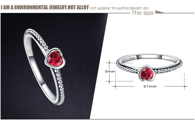 925 Sterling Silver Ring Love Heart Romantic Finger Ring Women Wedding Jewelry red size 7