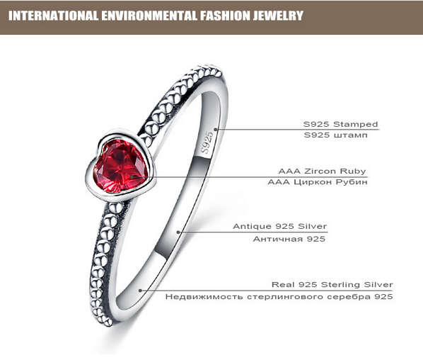 925 Sterling Silver Ring Love Heart Romantic Finger Ring Women Wedding Jewelry red size 7