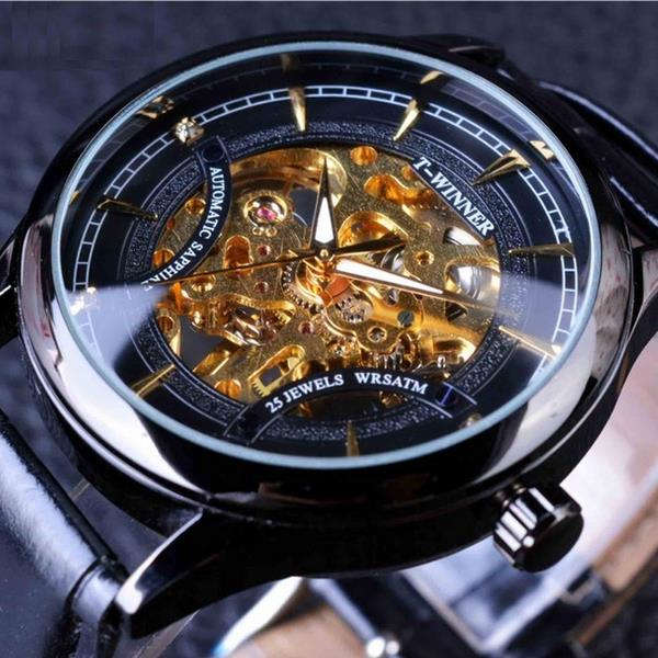 Men Hollow Skeleton Automatic Mechanical Stainless Steel Wrist Watch