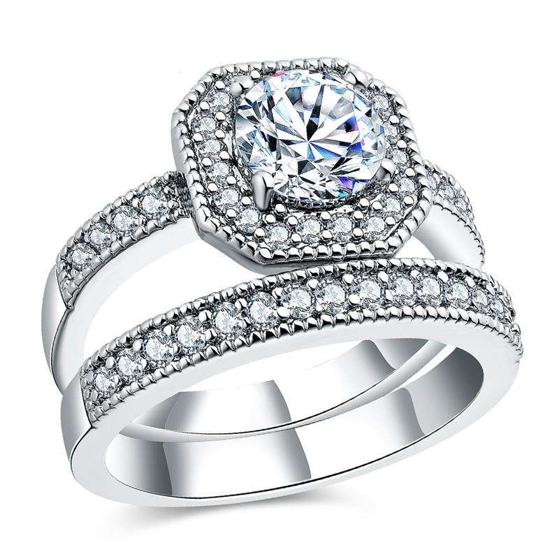 Silver Plated Round Diamond Luxury Ring Fashion Women Wedding Ring Size 6-8