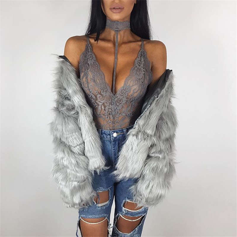 Deep V Neck Sexy Bodysuit Solid Choker Mesh Lace Bodysuit