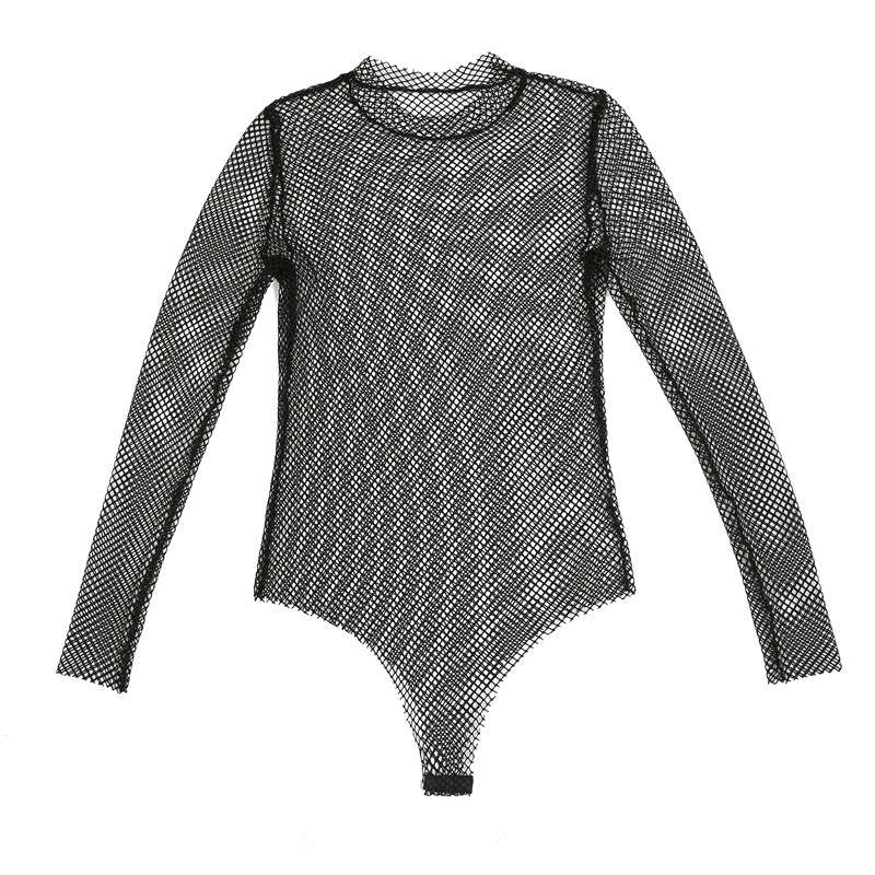 Black Sexy Fishnet Bodysuit Hot Teddy Long Sleeve Lingerie For Basic Cloth