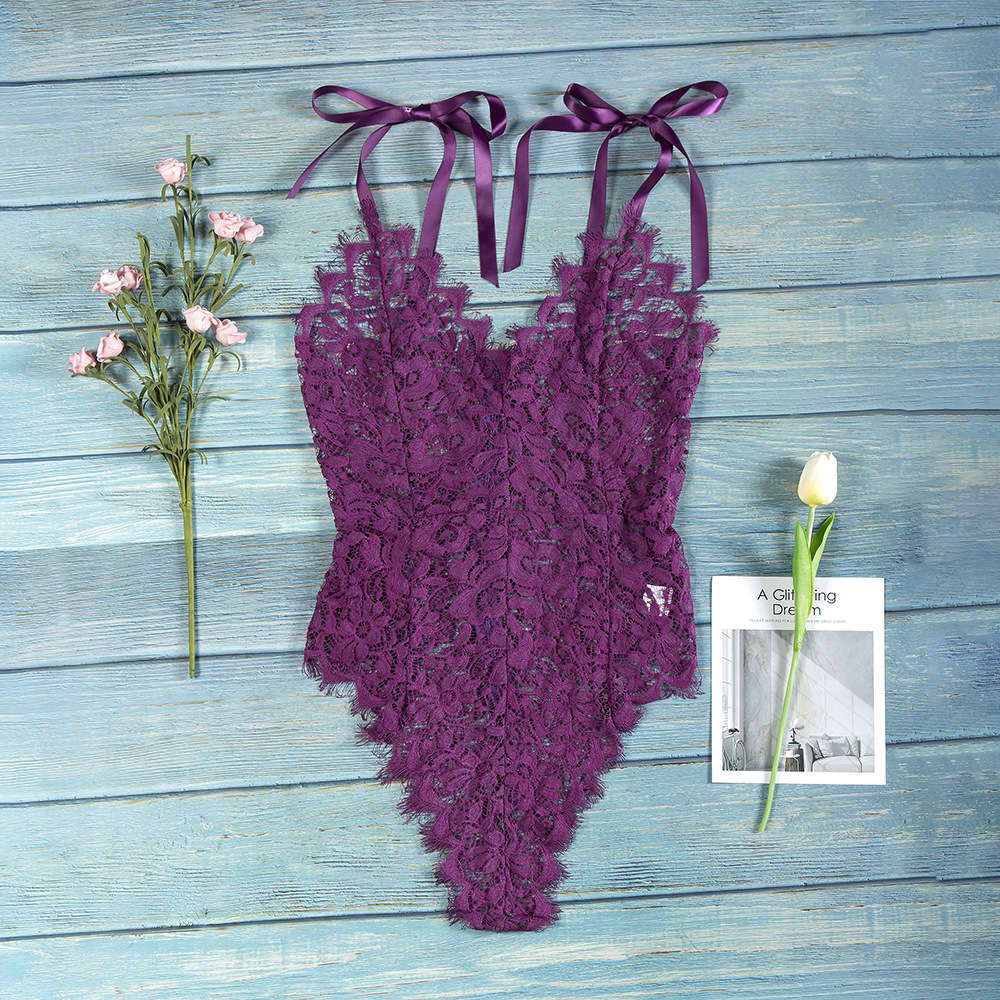 Floral Embroidery Bodysuit Semi Sheer Lace Trimmed Teddy