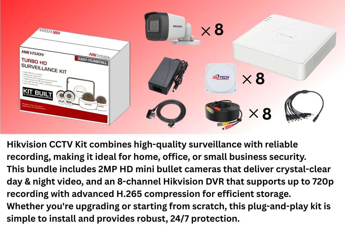 Hikvision 8CH 2MP CCTV Kit with Ready-Made Cables & Zatech Junction Boxes