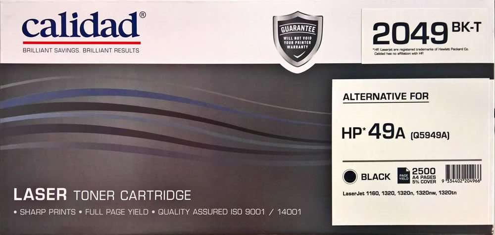 Calidad 2049-BK Black Toner alternative for HP 49A (Q5949A); CANON CART 308; CART 708
