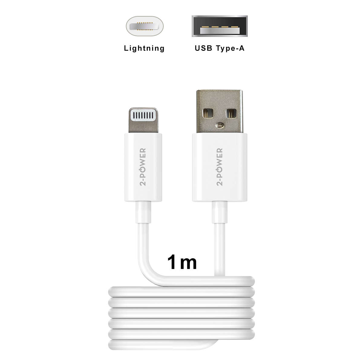 2-Power 1m USB Cable USB-A to Lightning for Data and Charging | 2PUC1M02W