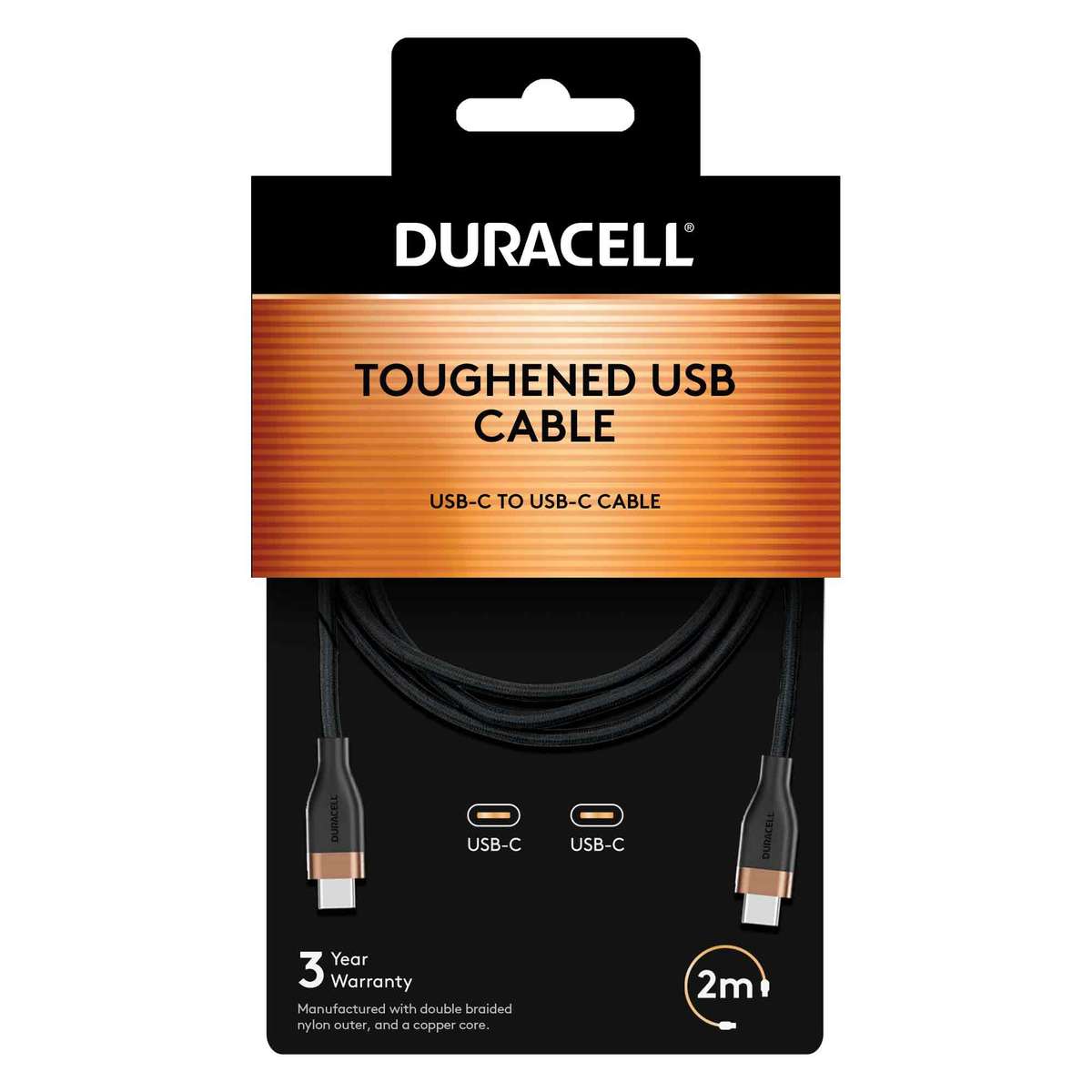 Duracell 2 meter 60w Toughened Phone Charger USB Cable USB-C to USB-C