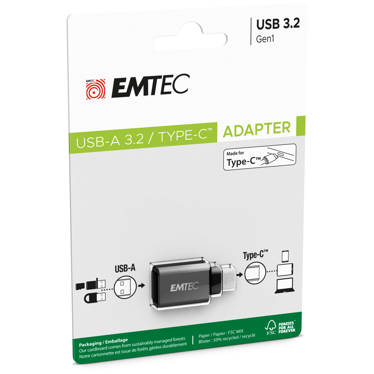 EMTEC USB Adapter 2 Pack - Adapt from USB-A to USB-C | T600C