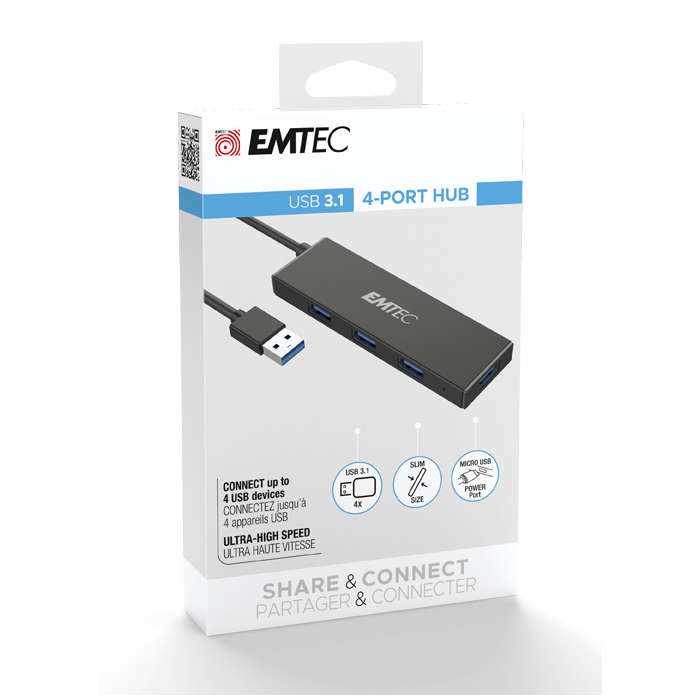 ECHUBT620A | EMTEC 4-Port USB Hub with Integrated USB-A Cable
