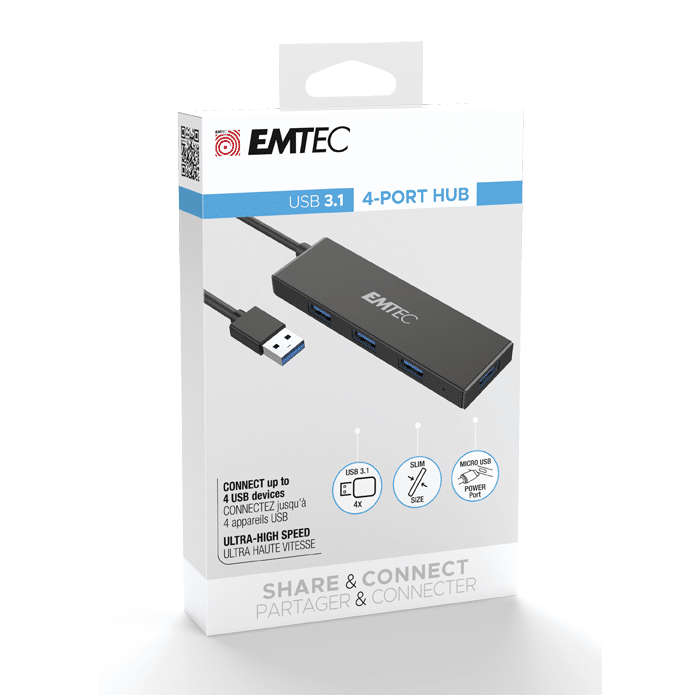ECHUBT620A | EMTEC 4-Port USB Hub with Integrated USB-A Cable