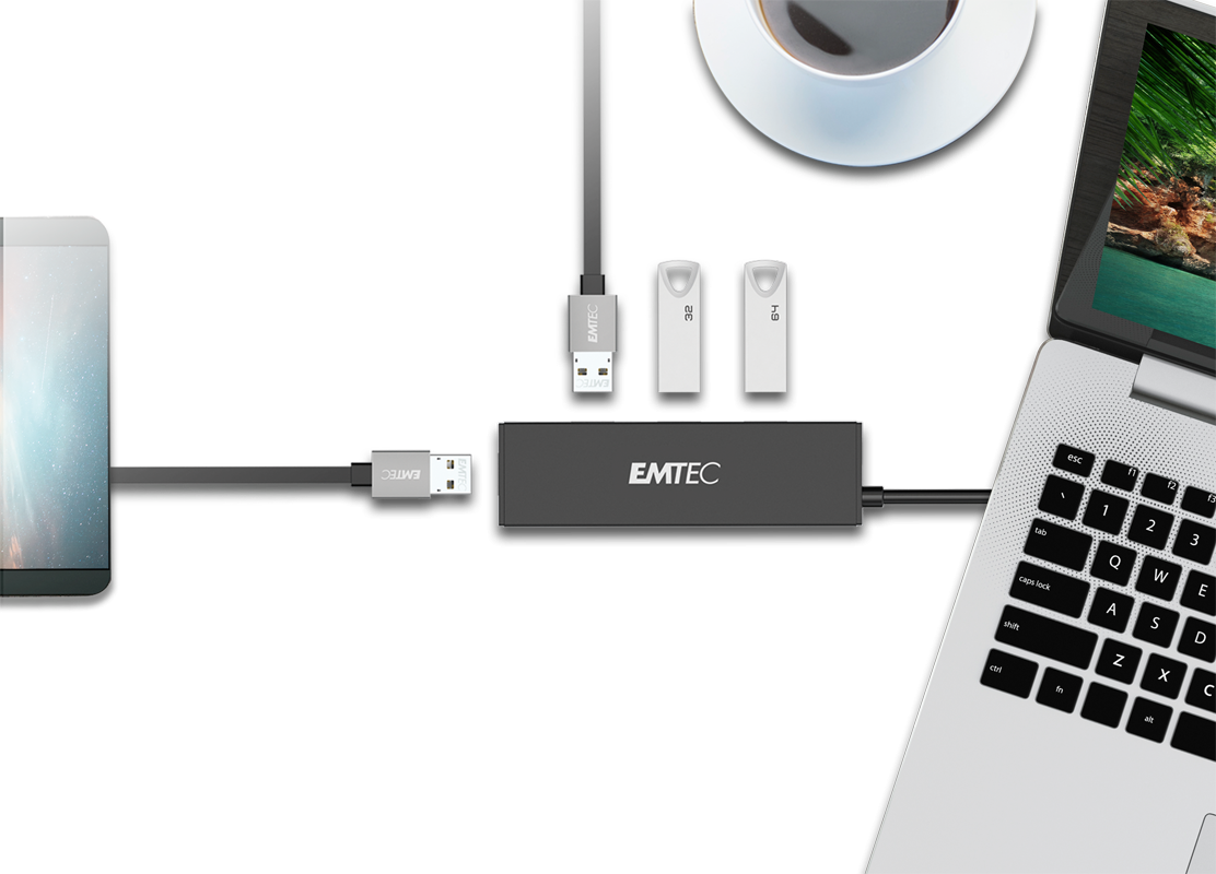 ECHUBT620A | EMTEC 4-Port USB Hub with Integrated USB-A Cable