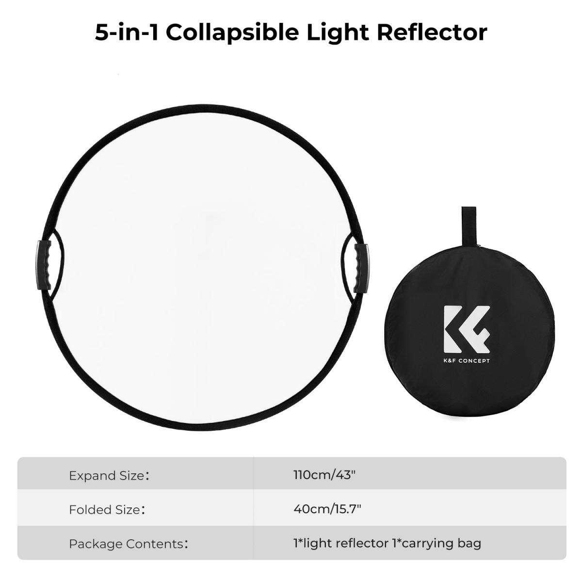 K&F 5-In-1 Collapsible Reflector Disc with a Handle - K&F 110cm 5-In-1 Collapsible Reflector Disc...