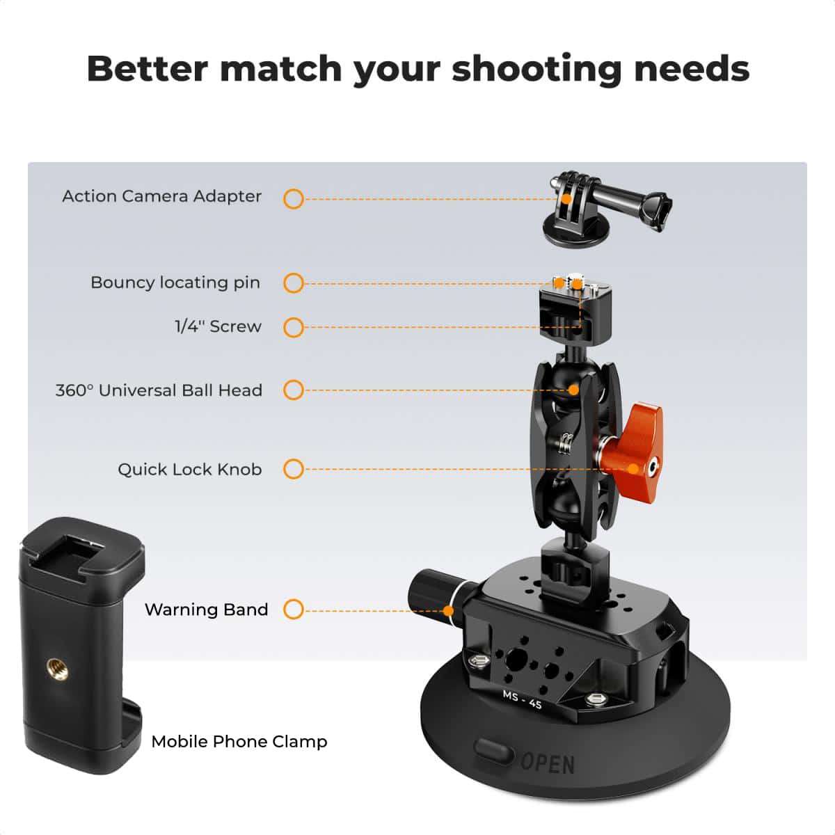 K&amp;F 4.5 Suction Mount with Magic Arm, Phone &amp; Action Cam Mount | KF31.100