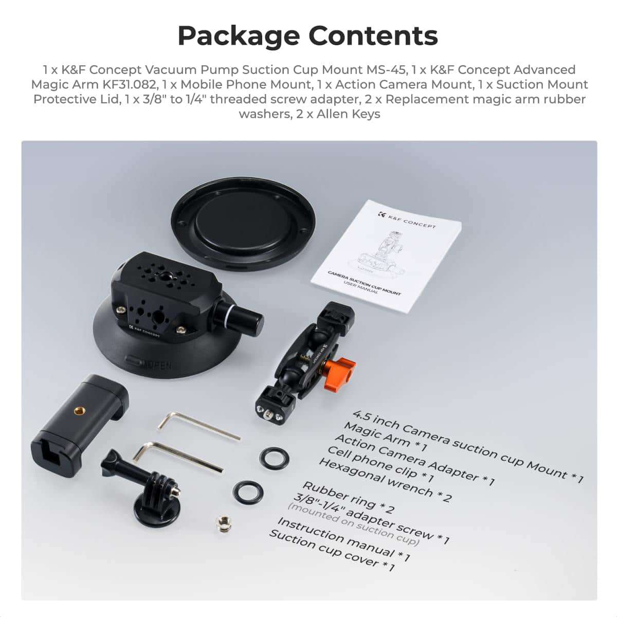 K&amp;F 4.5 Suction Mount with Magic Arm, Phone &amp; Action Cam Mount | KF31.100