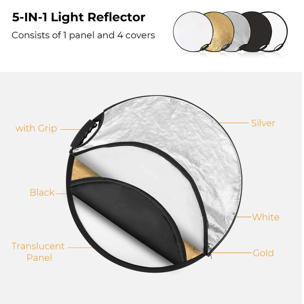 KF18.0004 | K&F 60cm 5-In-1 Collapsible Reflector Disc with a Handle