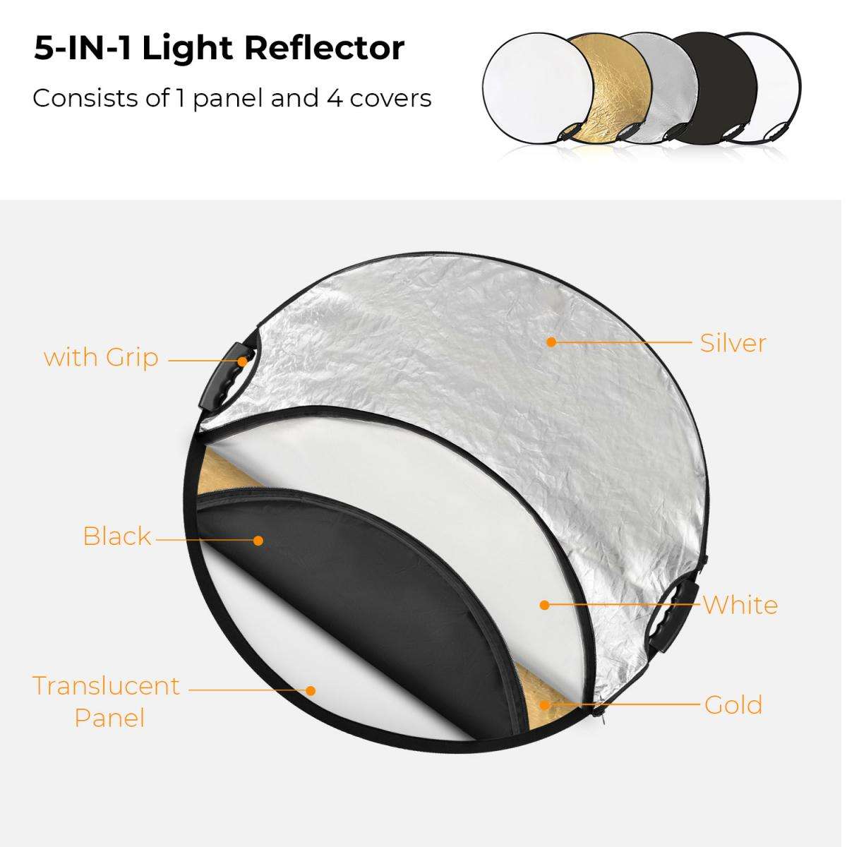 KF18.0005 | K&F 80cm 5-In-1 Collapsible Reflector Disc with Handles