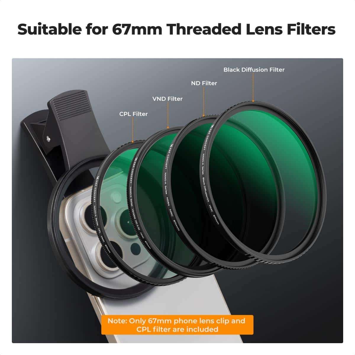 K&F Clip-On 67mm Circular Polariser Filter for Mobile Phones | KF01.2902V2