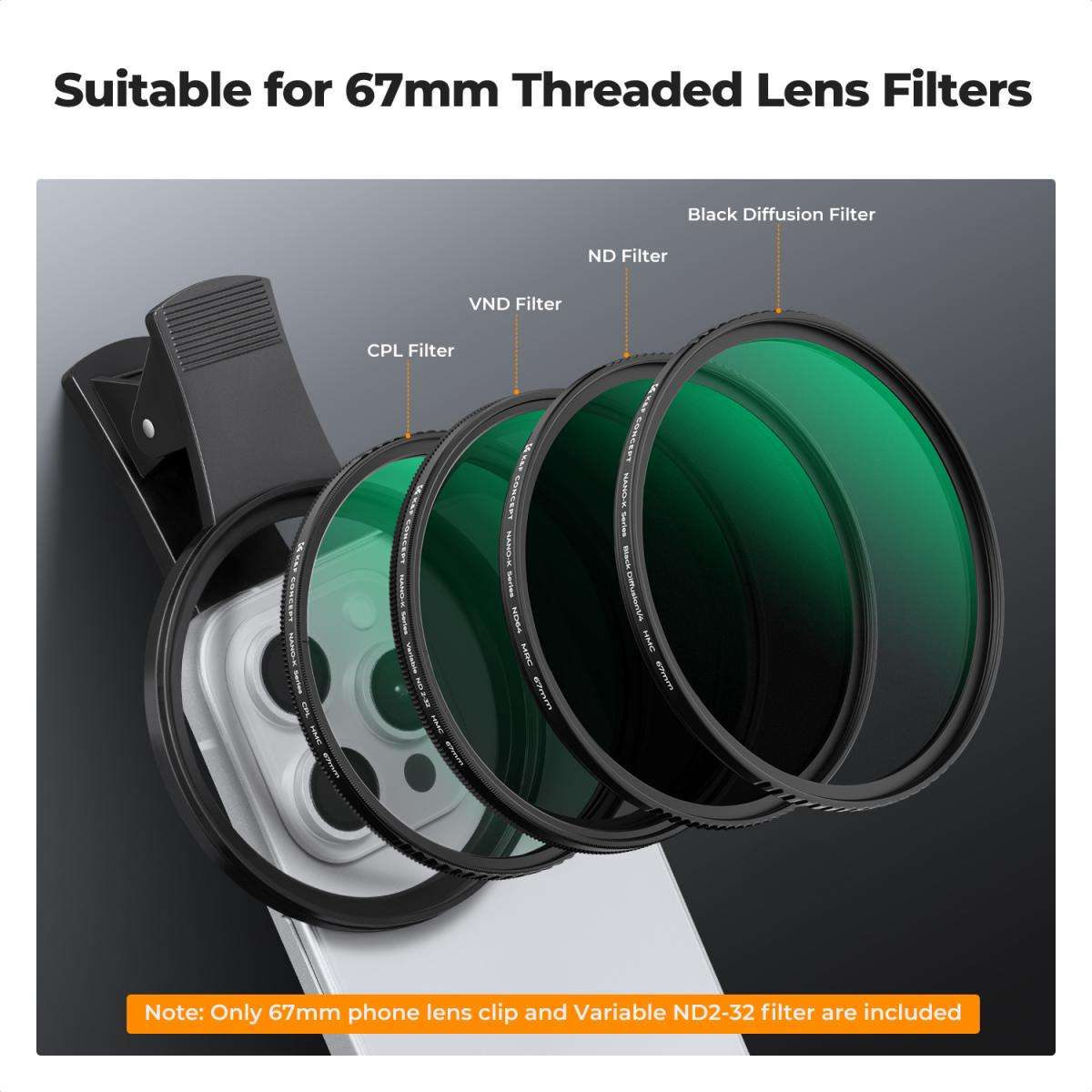 K&F Clip-On 67mm Variable ND232 Filter for Mobile Phones | KF01.2901V2