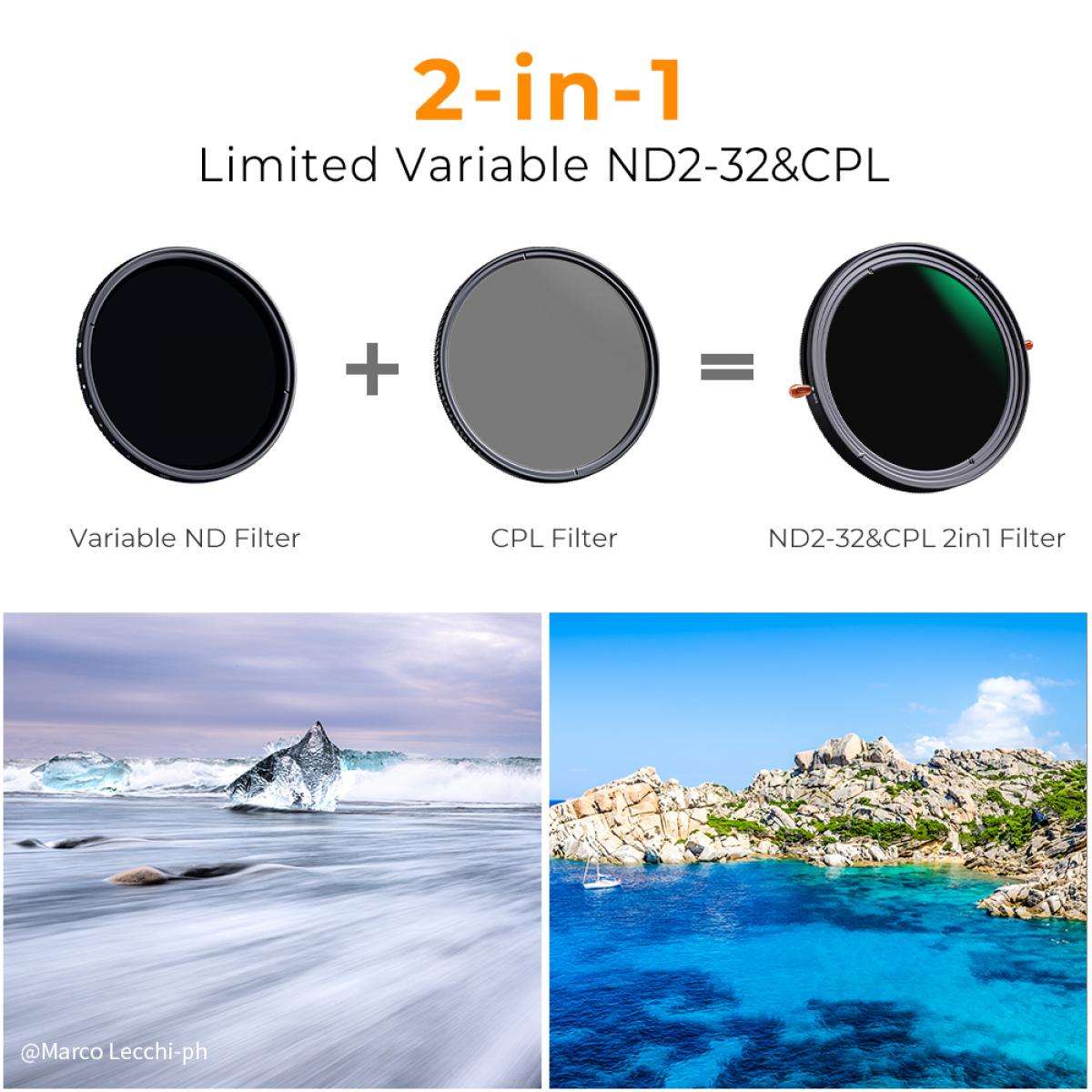 KF01.1323V1 | K&F 62mm 2-in-1 CPL and Variable ND 2-32 Filter Nano-X Series