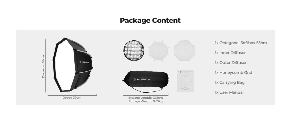 K&F Octagonal Softbox with Bowens Mount and Quick Clips - K&F 65cm Octagonal Softbox with Bowens ...