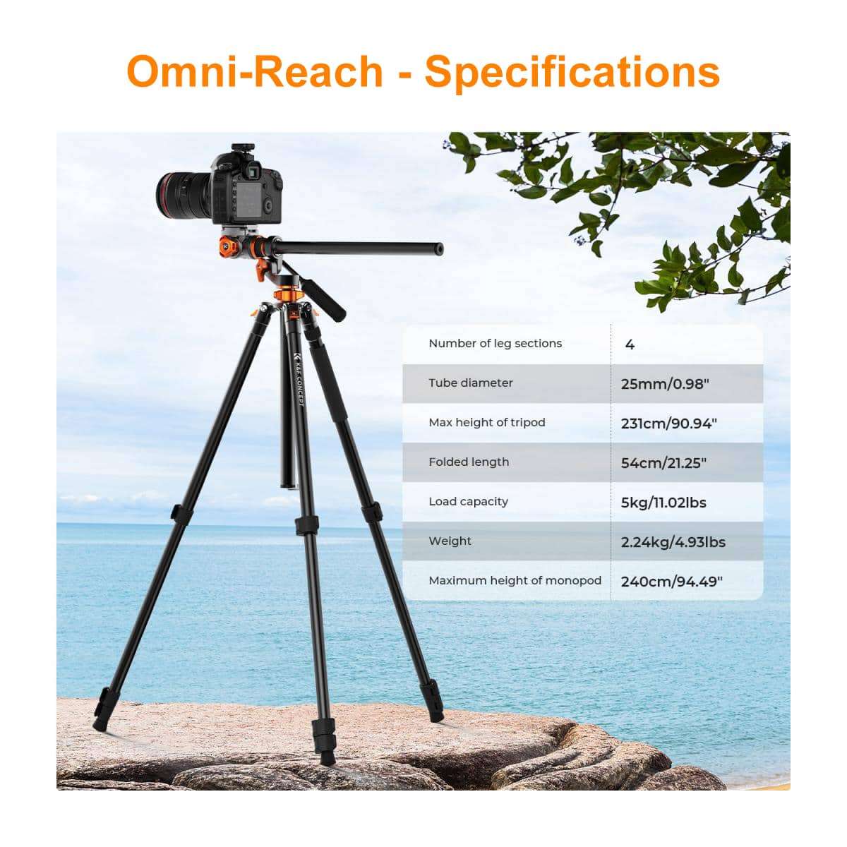 K&F Omni-Reach Video Tripod with Integrated Angle Arm & Monopod | KF09.137