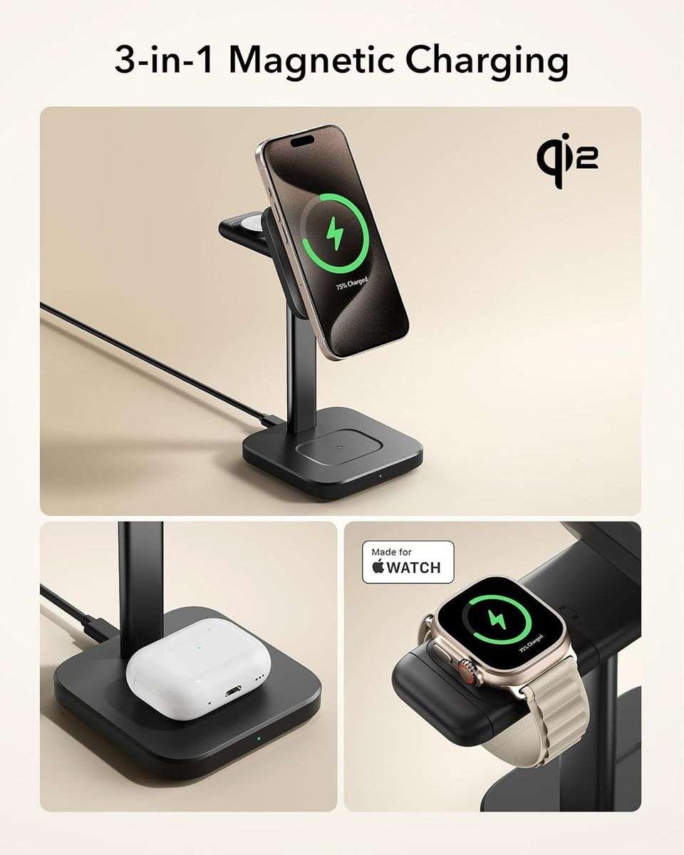 ESR Qi2 15w 3-in-1 Watch Wireless Charging Set (HaloLock) - Black