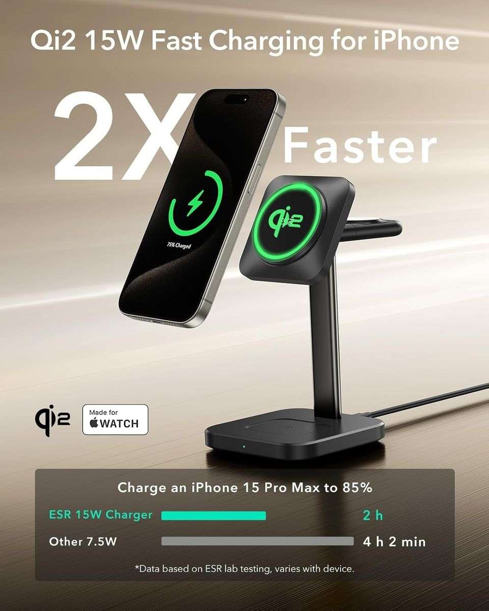 ESR Qi2 15w 3-in-1 Watch Wireless Charging Set (HaloLock) - Black
