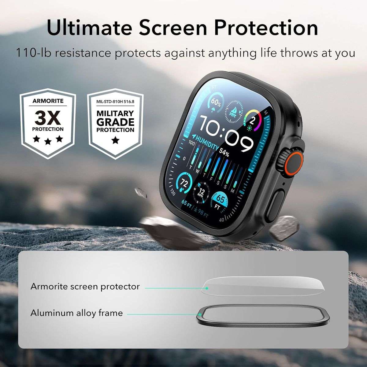 ESR Armorite Screen Protector Compatible with Apple Watch Ultra 2/1 - 2 Pack - Black