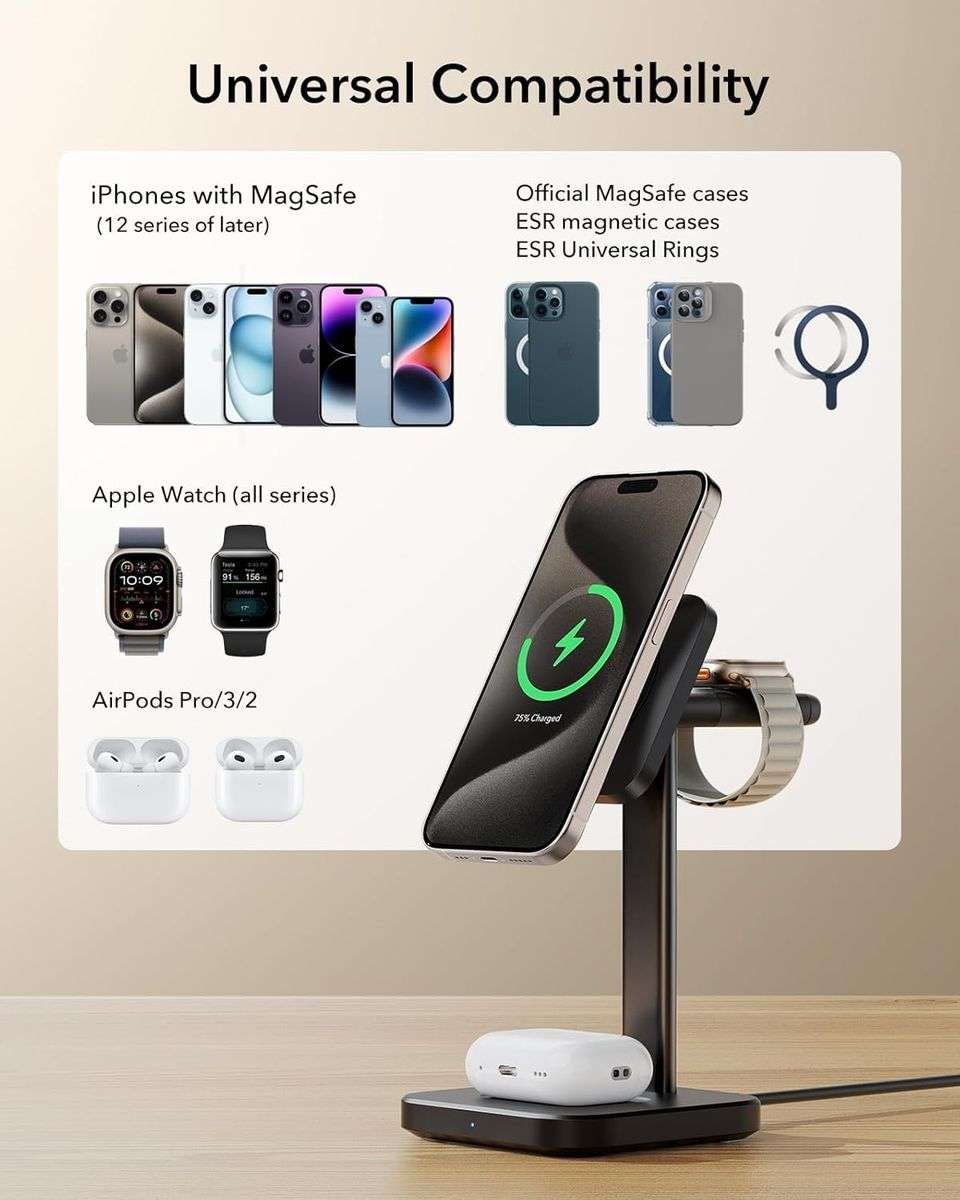 ESR Qi2 15w 3-in-1 Watch Wireless Charging Set (HaloLock) - Black