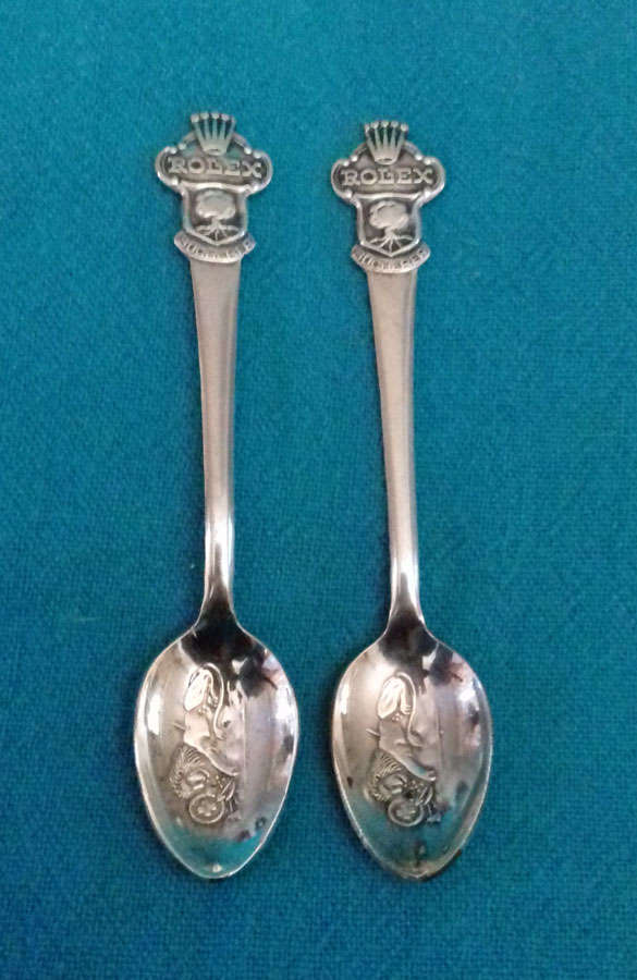 silver plate Rolex souvenir teaspoons Lucerne Bucherer of Switzerland pair