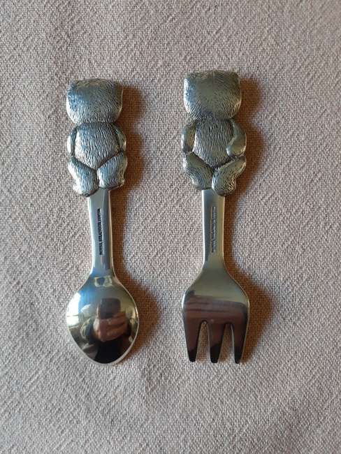 Boxed Pewter baby christening set - spoon and fork - bears Royal Selangor