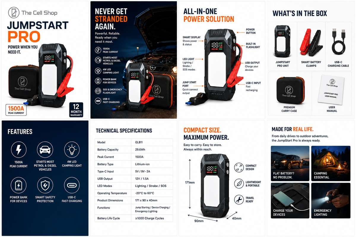 Jump Start Pro 1500A Multifunction Car Jump Starter Power Bank with 4W LED