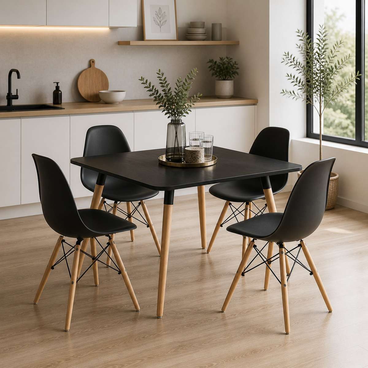 5-Piece Dining Set  Square Table with 4 Chairs (Black)
