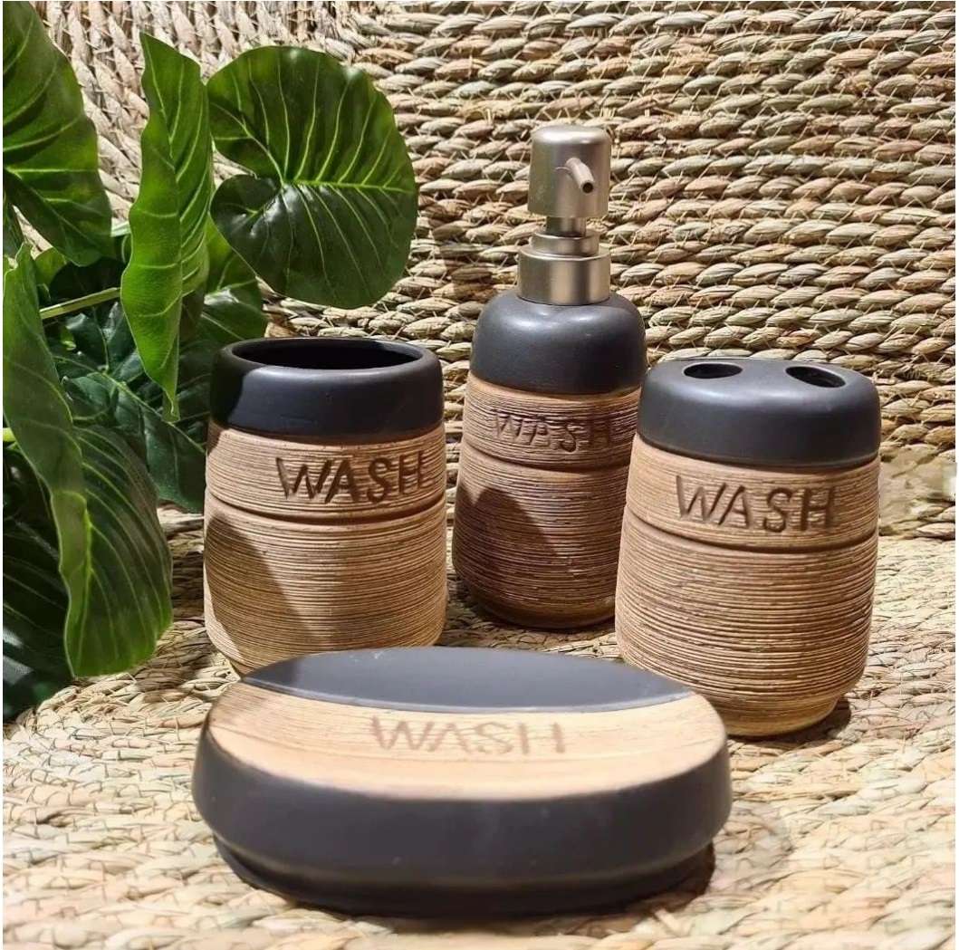 4 Piece Ceramic Bathroom Accessory Set - Rustic Design