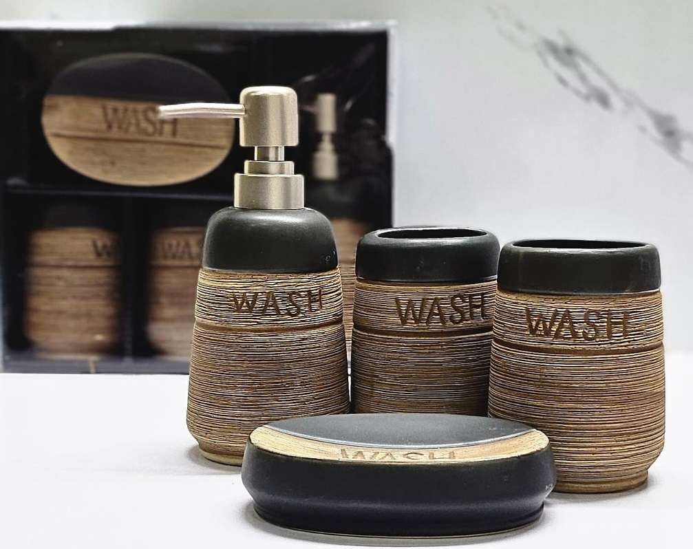 4 Piece Ceramic Bathroom Accessory Set - Rustic Design