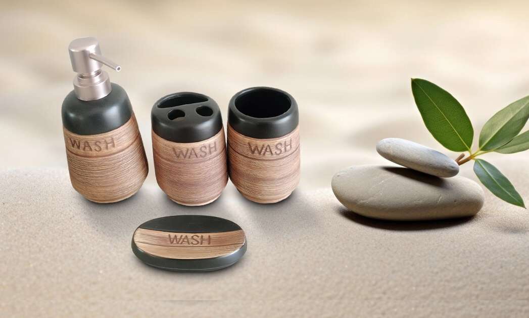 4 Piece Ceramic Bathroom Accessory Set - Rustic Design