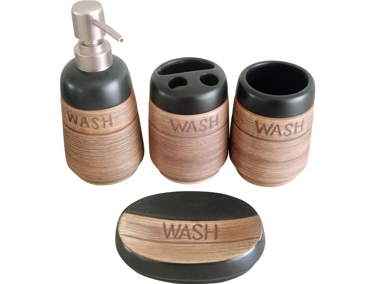 4 Piece Ceramic Bathroom Accessory Set - Rustic Design