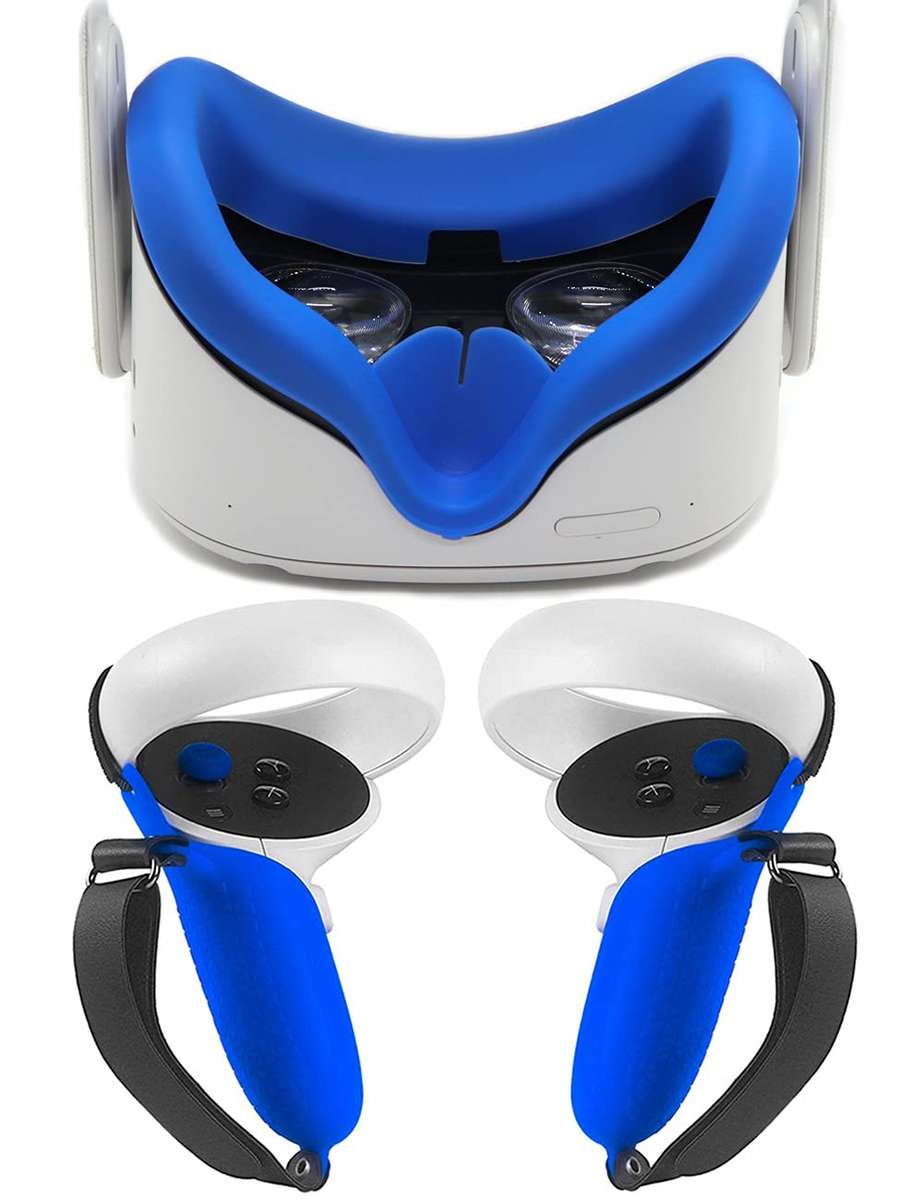 Silicone Controller Grip Cover and Face Cover, VR Oculus Quest 2 Accessories (Blue Silicone Cover)
