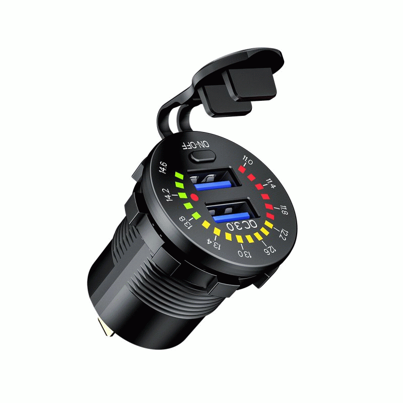 12-24V Dual USB Car Charger Socket Port With Colourful Digital Voltmeter QC 3.0 Fast Charging Bus Tr