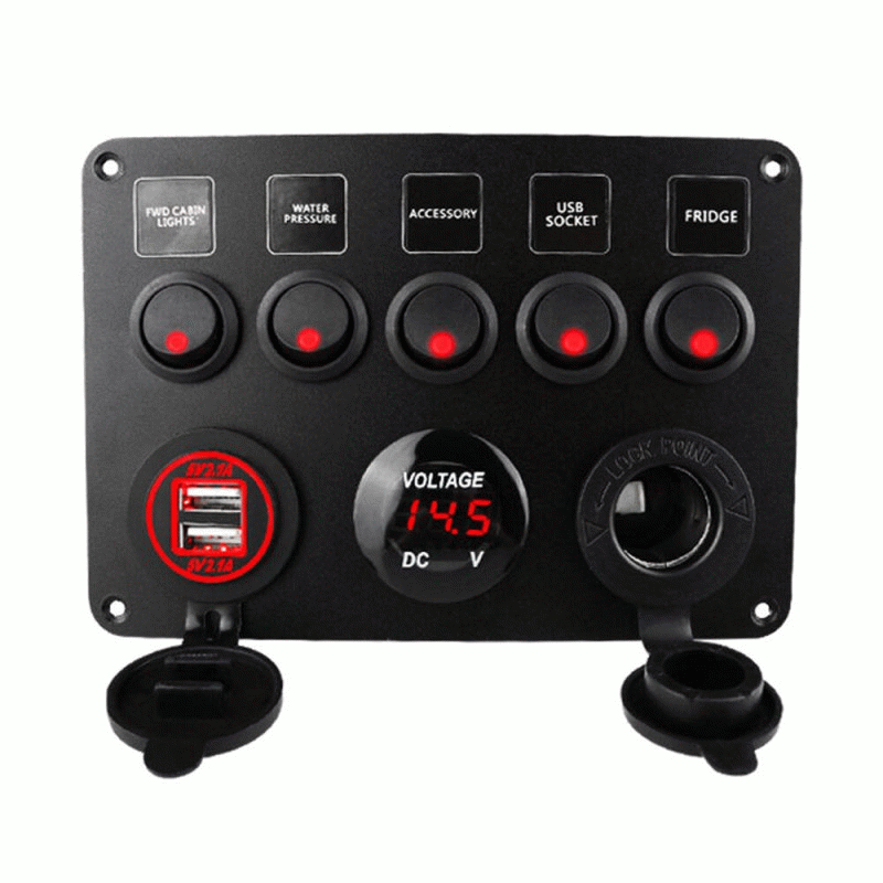 Red - Car Boat Switch Panel Waterproof Digital Voltmeter Dual USB Port 12 Outlet Combination Marine