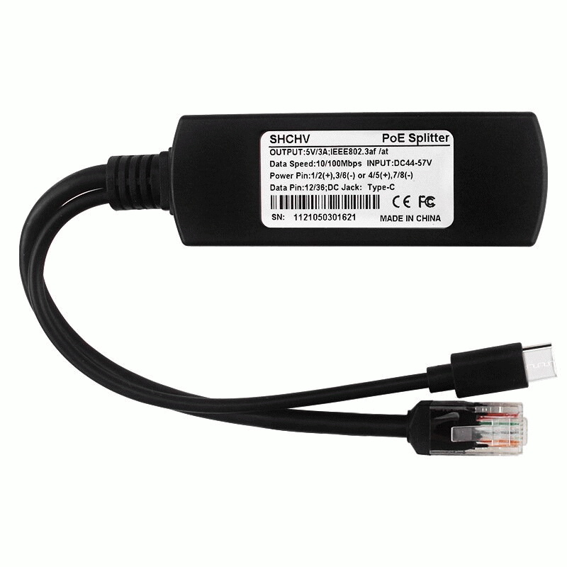 1000Mbps - 100Mbps/1000Mbps 5V 3A Type-C Power Over Ethernet Active POE Splitter for Raspberry Pi 4B