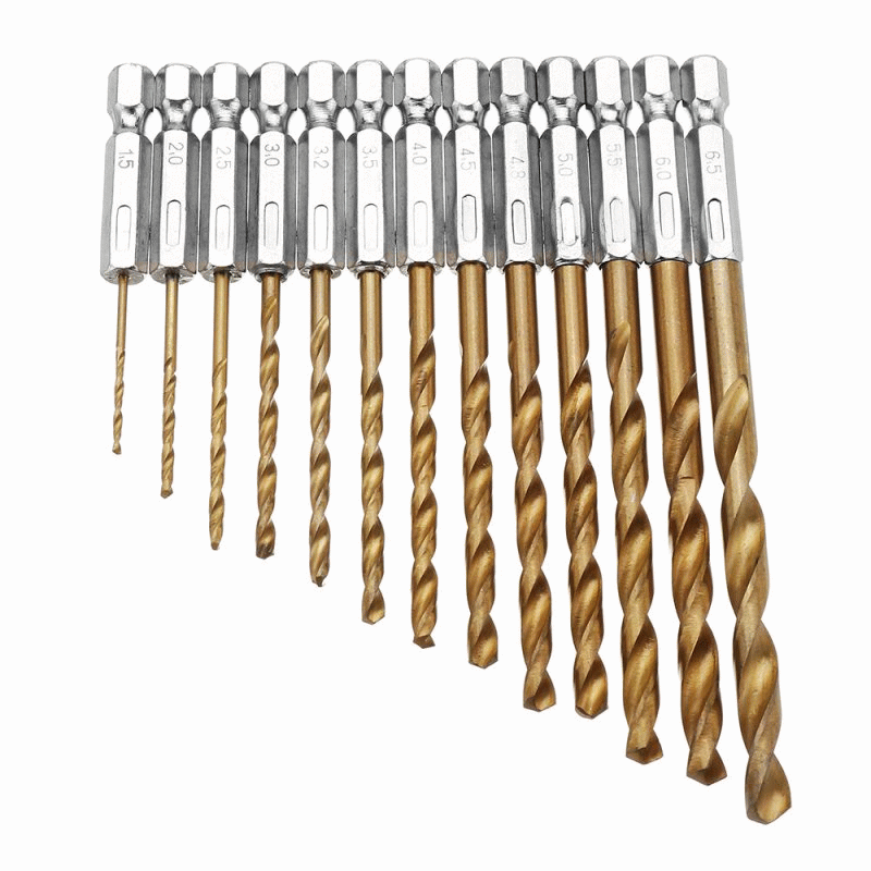 Drillpro DB-T2 13pcs 1.5-6.5mm HSS Titanium Coated 1/4 Inch Hex Shank Twist Drill Bit Set